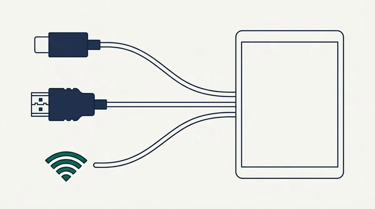 Ein USB-C-Stecker, ein HDMI-Stecker und ein Funkwellen-Symbol, jeweils über ein Kabel mit dem Umriss eines Tabletts verbunden.
