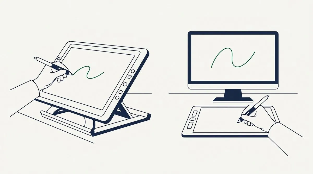 Links zeichnet eine Hand mit Stift direkt auf einem aufgestellten Stift-Display. Rechts zeichnet sie auf einem flachen Tablett, während dieselbe Linie auf dem Monitor dahinter erscheint.