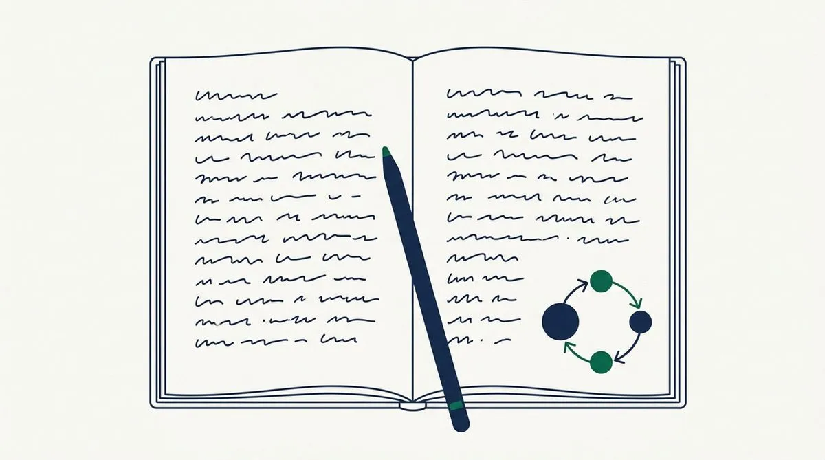 Ein aufgeschlagenes Notizbuch mit handschriftlichen Zeilen auf beiden Seiten und einem Kreisdiagramm unten rechts, ein Stift liegt im Falz.