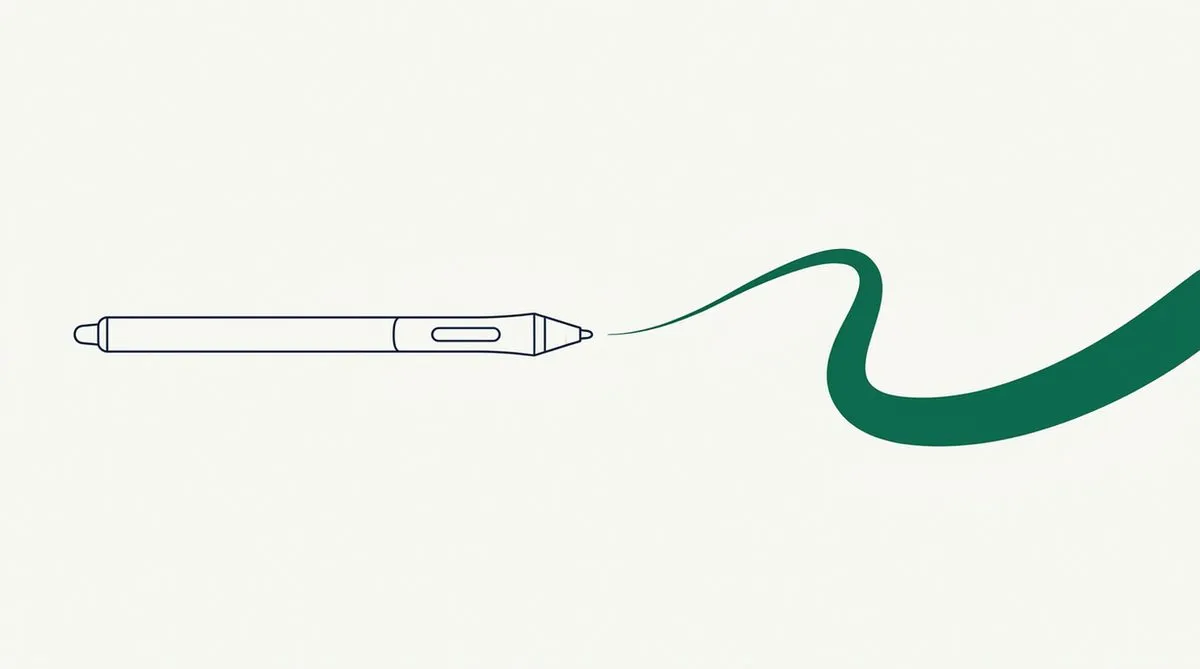 Ein Tablettstift von der Seite. Von seiner Spitze aus wächst ein Strich, der von einer Haarlinie bis zur vollen Breite anschwillt.